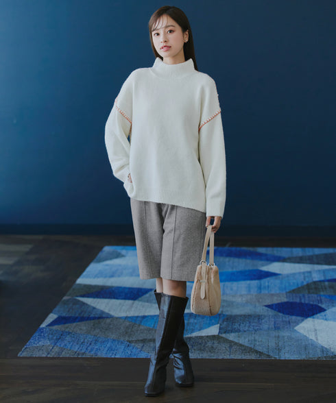 【安田美沙子さん着用】ウール調ヘリンボン柄キュロットパンツ