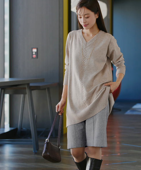 【安田美沙子さん着用】ウール調ヘリンボン柄キュロットパンツ