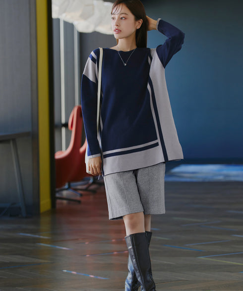 【安田美沙子さん着用】ウール調ヘリンボン柄キュロットパンツ