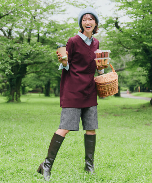 【安田美沙子さん着用】ウール調ヘリンボン柄キュロットパンツ