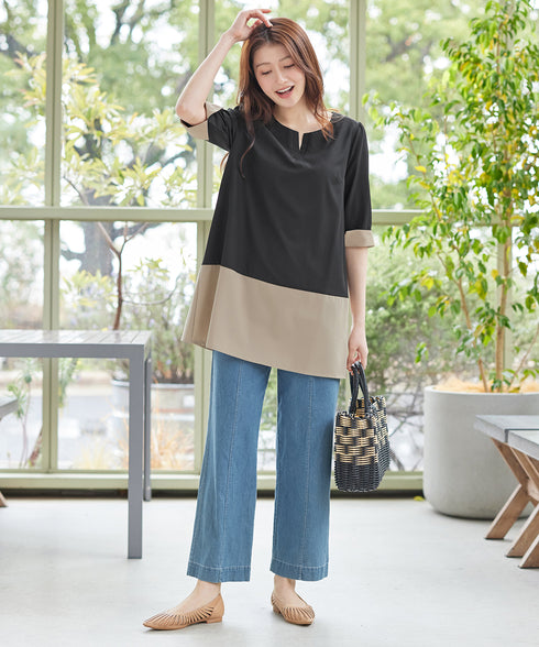 【おのののかさん着用】TCデニム切替ワイドストレートパンツ