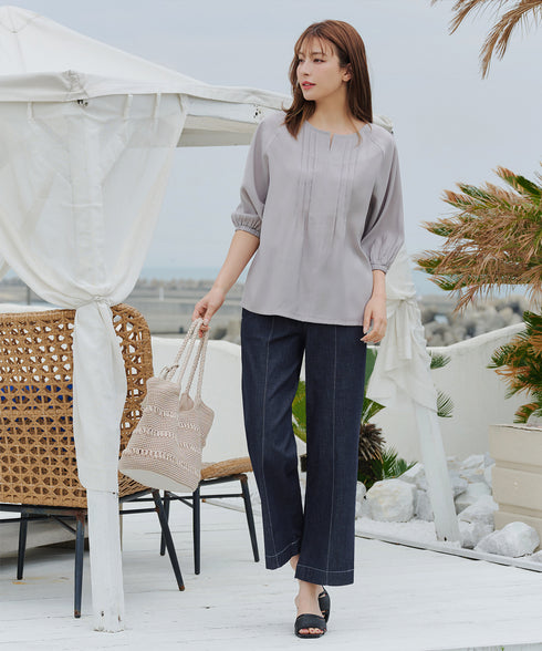 TCデニム切替ワイドストレートパンツ