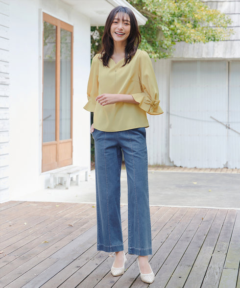 TCデニム切替ワイドストレートパンツ