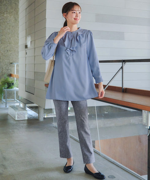 日本製メランジプリント裏起毛スリムパンツ