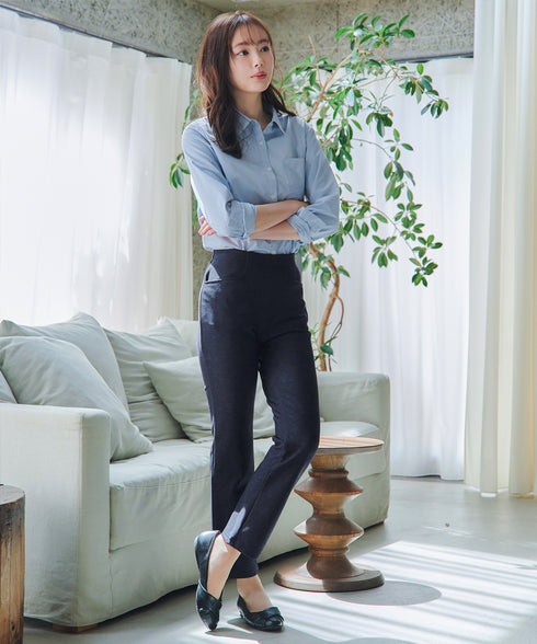 日本製メランジプリント裏起毛スリムパンツ