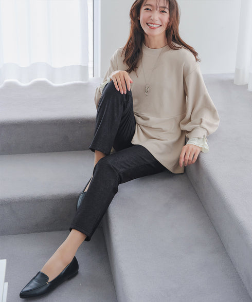 日本製メランジプリント裏起毛スリムパンツ