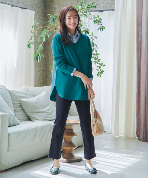 日本製メランジプリント裏起毛スリムパンツ