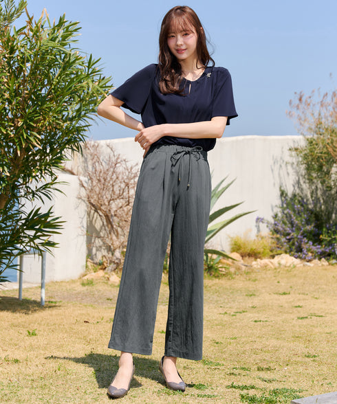 綿混リンクル加工ワイドパンツ