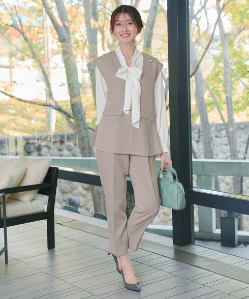【ブラウス&ベスト&パンツ3点セット】リボンタイブラウス+ベスト付き 3点セットアップ