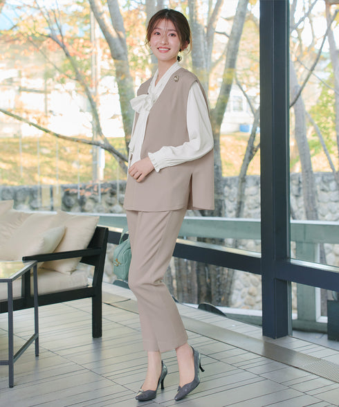 【ブラウス&ベスト&パンツ3点セット】リボンタイブラウス+ベスト付き 3点セットアップ