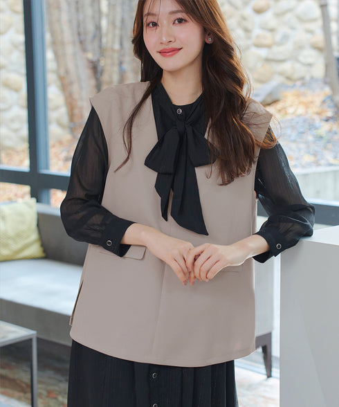 【ブラウス&ベスト&パンツ3点セット】リボンタイブラウス+ベスト付き 3点セットアップ