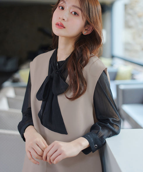 【ブラウス&ベスト&パンツ3点セット】リボンタイブラウス+ベスト付き 3点セットアップ