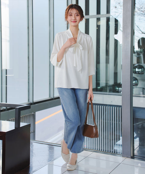 【ブラウス&ベスト&パンツ3点セット】リボンタイブラウス+ベスト付き 3点セットアップ