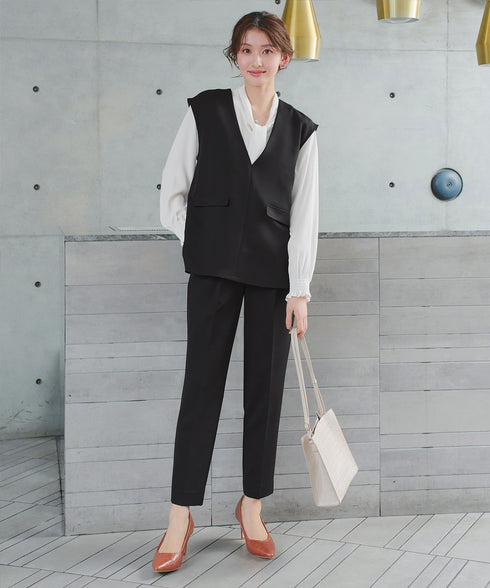 【ブラウス&ベスト&パンツ3点セット】リボンタイブラウス+ベスト付き 3点セットアップ