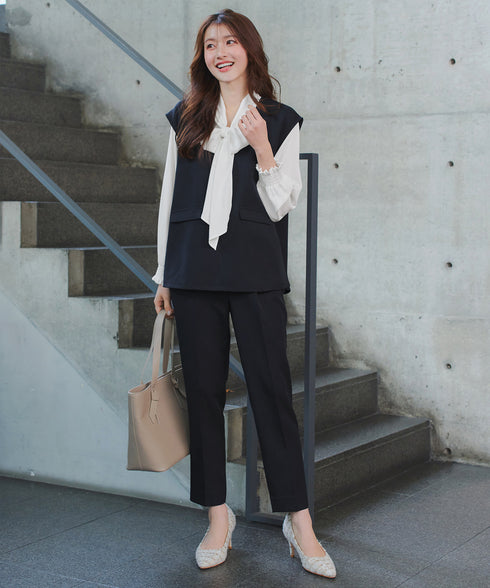 【ブラウス&ベスト&パンツ3点セット】リボンタイブラウス+ベスト付き 3点セットアップ