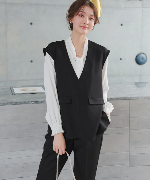 【ブラウス&ベスト&パンツ3点セット】リボンタイブラウス+ベスト付き 3点セットアップ