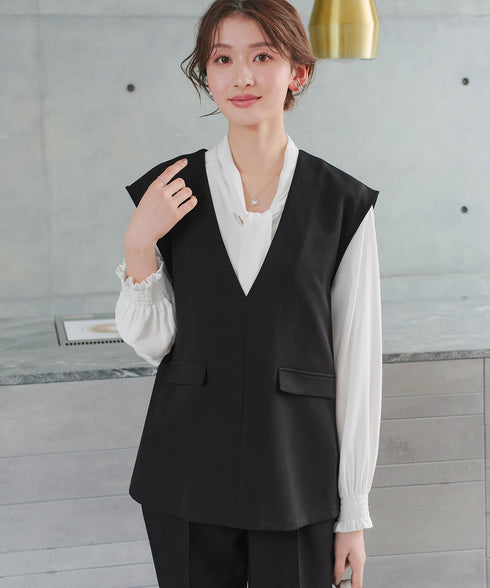 【ブラウス&ベスト&パンツ3点セット】リボンタイブラウス+ベスト付き 3点セットアップ