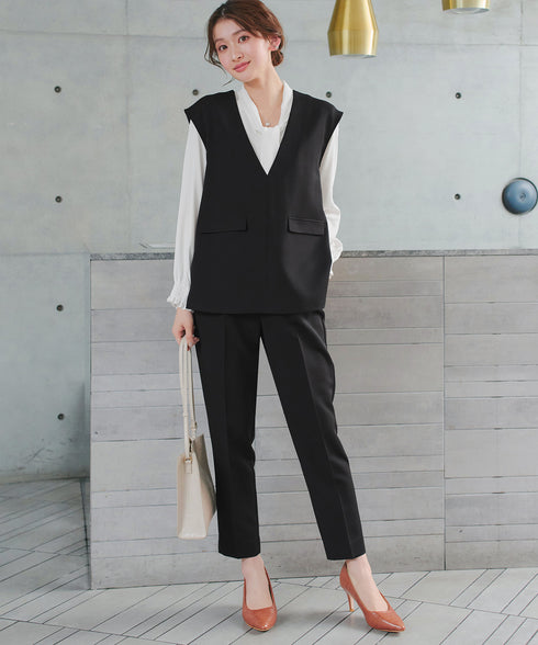 【ブラウス&ベスト&パンツ3点セット】リボンタイブラウス+ベスト付き 3点セットアップ