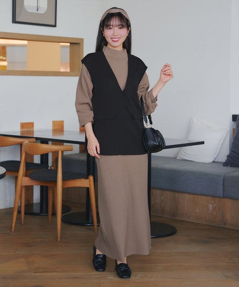 【ブラウス&ベスト&パンツ3点セット】リボンタイブラウス+ベスト付き 3点セットアップ