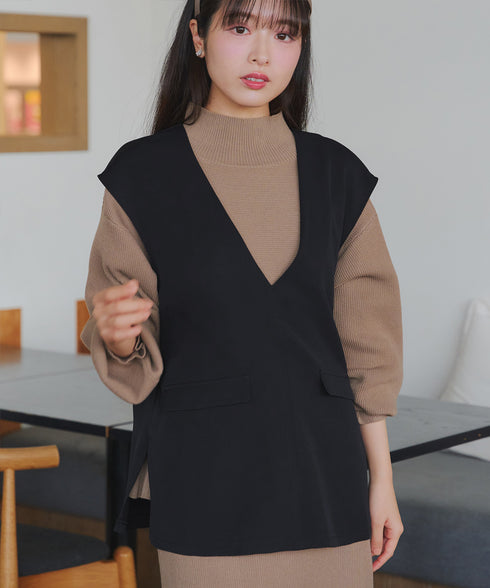 【ブラウス&ベスト&パンツ3点セット】リボンタイブラウス+ベスト付き 3点セットアップ