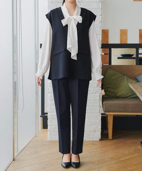 【ブラウス&ベスト&パンツ3点セット】リボンタイブラウス+ベスト付き 3点セットアップ