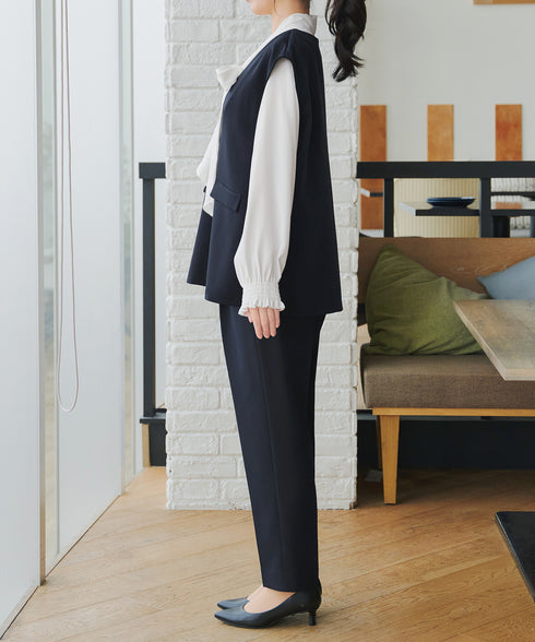 【ブラウス&ベスト&パンツ3点セット】リボンタイブラウス+ベスト付き 3点セットアップ