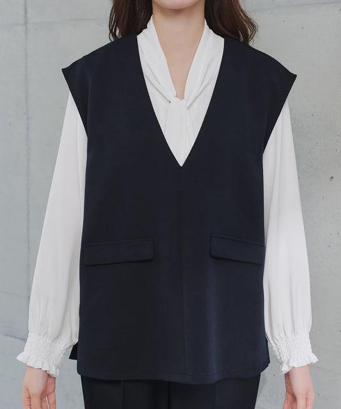 【ブラウス&ベスト&パンツ3点セット】リボンタイブラウス+ベスト付き 3点セットアップ