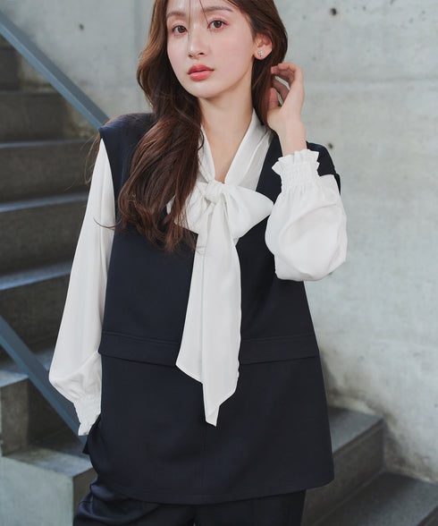 【ブラウス&ベスト&パンツ3点セット】リボンタイブラウス+ベスト付き 3点セットアップ