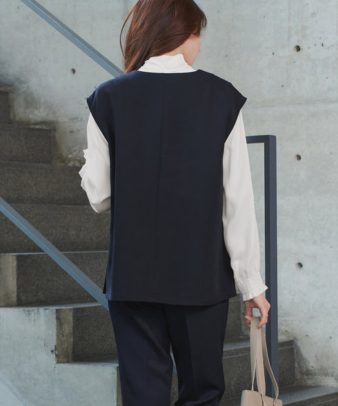 【ブラウス&ベスト&パンツ3点セット】リボンタイブラウス+ベスト付き 3点セットアップ