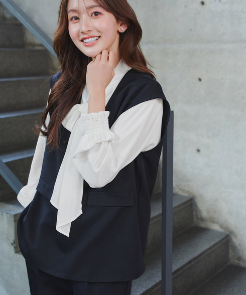【ブラウス&ベスト&パンツ3点セット】リボンタイブラウス+ベスト付き 3点セットアップ