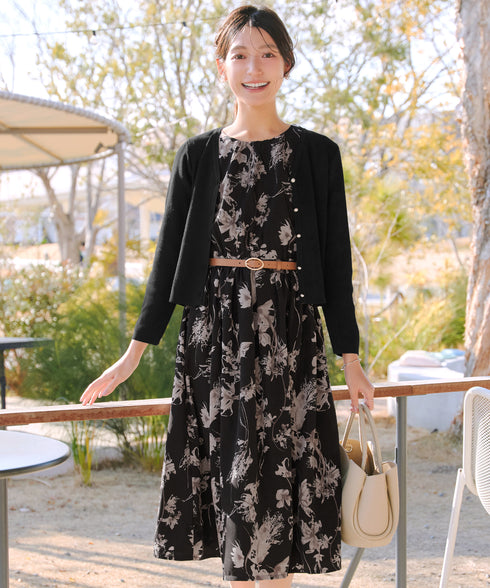 【2点セット】ニットボレロ+花柄ワンピースセット