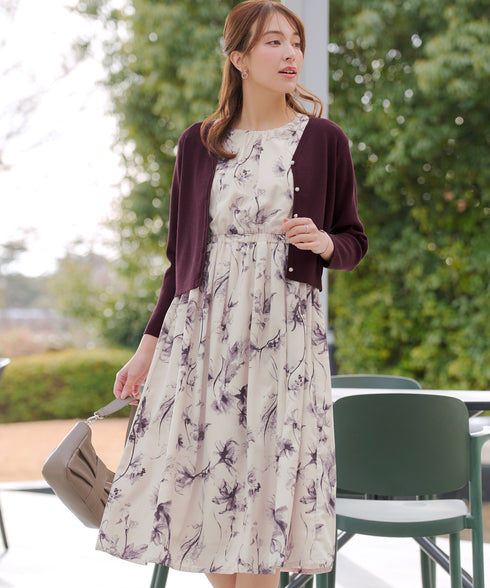 【2点セット】ニットボレロ+花柄ワンピースセット