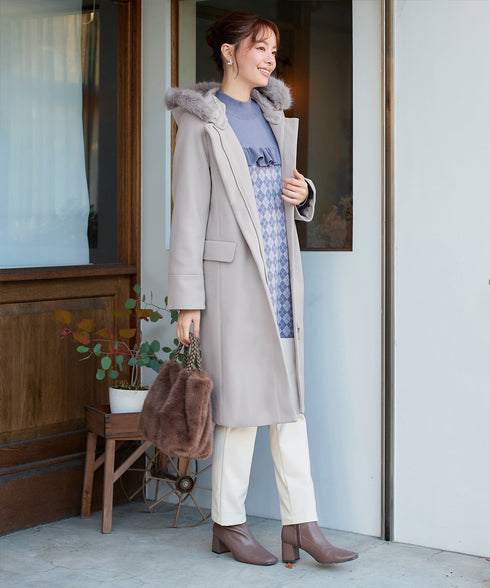 2WAYフード付きフェイクウールコート