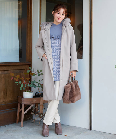 2WAYフード付きフェイクウールコート