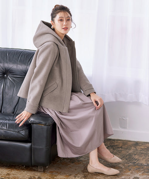 ウールライクフーデットショートコート