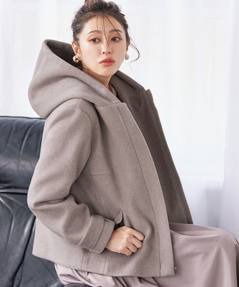ウールライクフーデットショートコート
