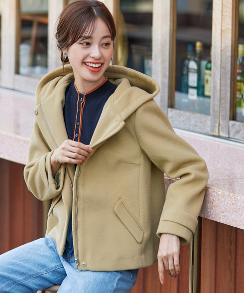 ウールライクフーデットショートコート