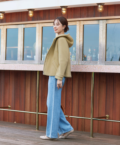 ウールライクフーデットショートコート