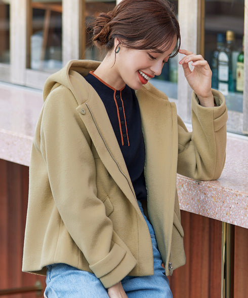 ウールライクフーデットショートコート