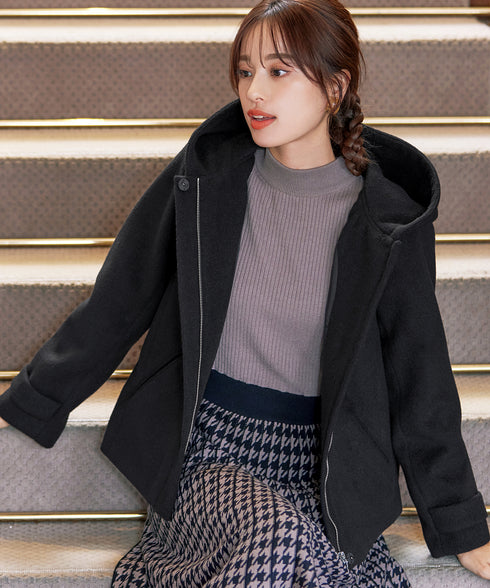ウールライクフーデットショートコート