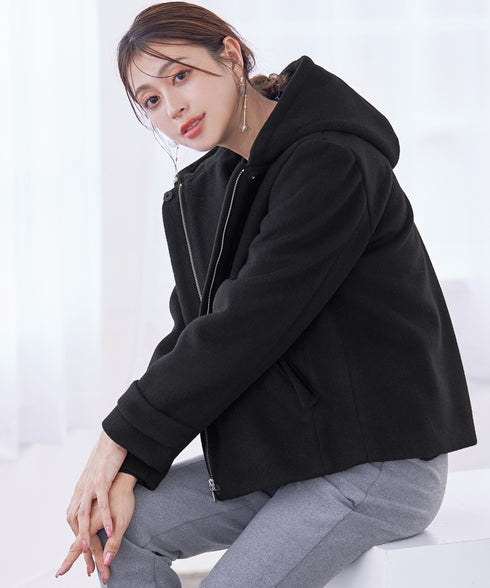 ウールライクフーデットショートコート