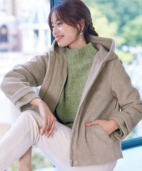 ウールライクフーデットショートコート