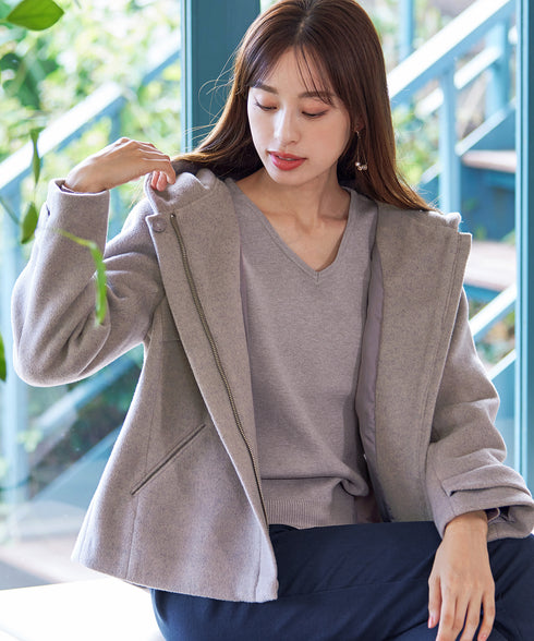 ウールライクフーデットショートコート