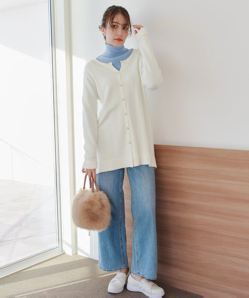 ラウンドネックミドル丈ニットカーディガン