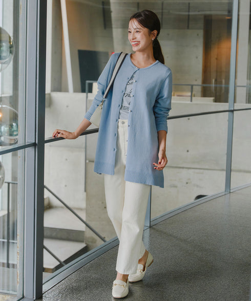 ラウンドネックミドル丈ニットカーディガン