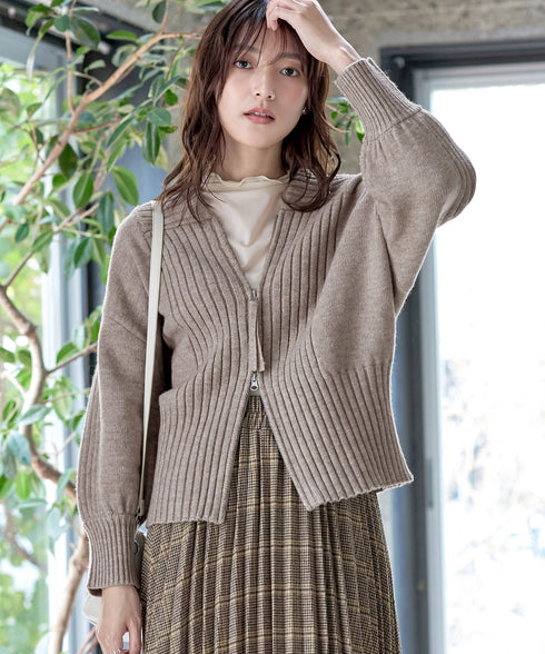 ダブルジップリブニットカーディガン