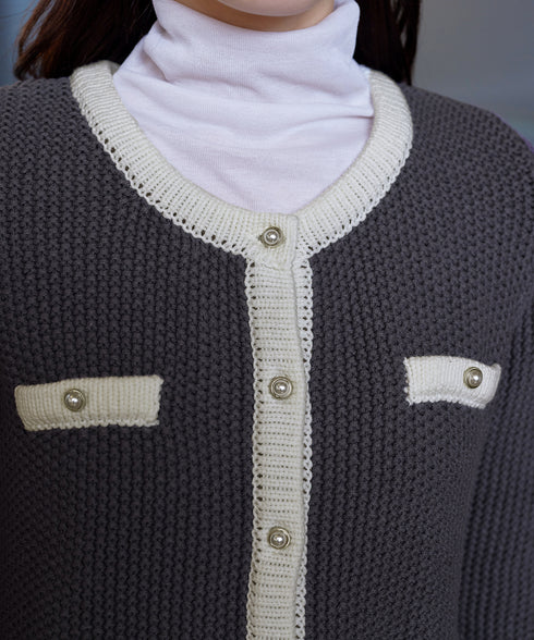 【アウトレット】ミドル丈配色ノーカラーニットジャケット