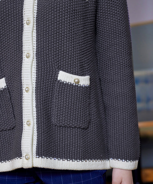 【アウトレット】ミドル丈配色ノーカラーニットジャケット