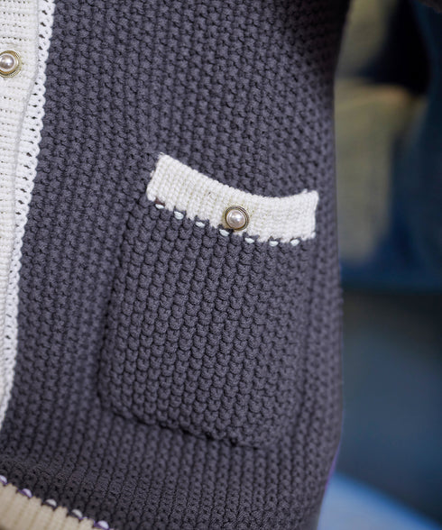 【アウトレット】ミドル丈配色ノーカラーニットジャケット