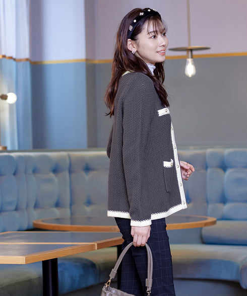 【アウトレット】ミドル丈配色ノーカラーニットジャケット